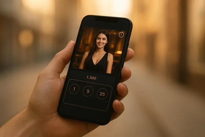 Casino App Preview Hand holding smartphone showing dark casino app with live dealer preview