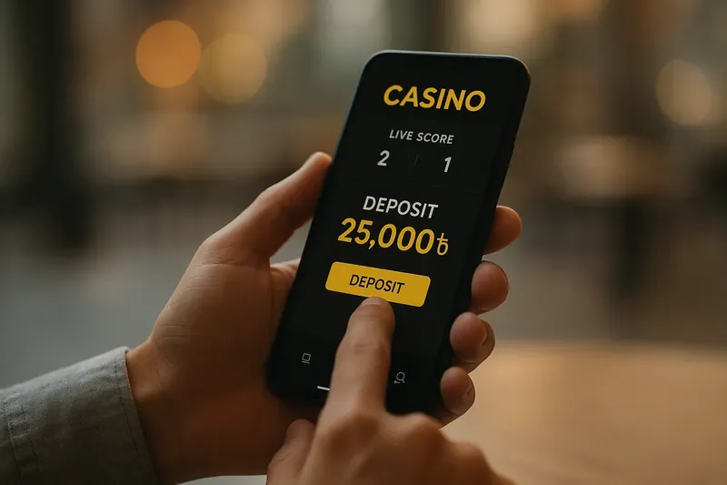 Man typing on smartphone with casino app in evening cafe